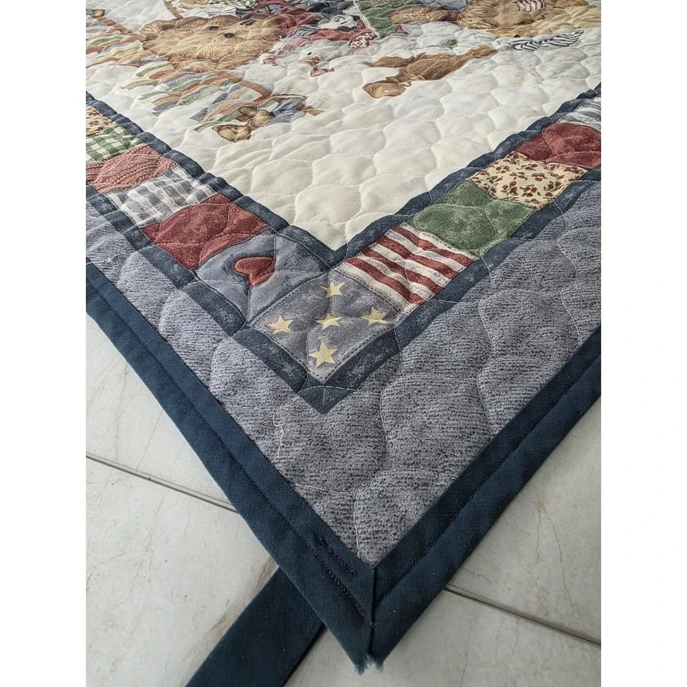 VTG Blue Jean Teddy Bear Toys Comforter / Quilted Baby Blanket Wall Hanging